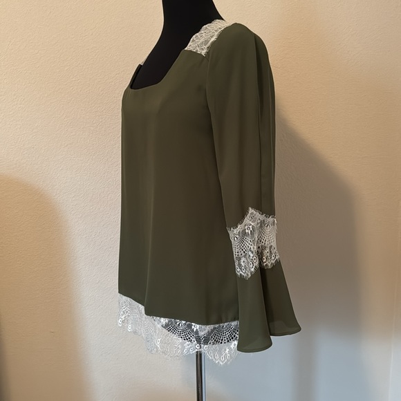NY COLLECTION Lace Trim Blouse Olive Green Medium - Picture 3 of 14